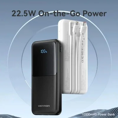 Vention power bank 20000mah (micro-usb + usb-c + usb-a + usb-a) with built-in usb-c and lightning cables 22.5w - white
